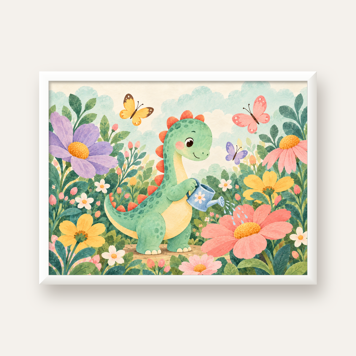 Sevimli Dinozor ve Çiçekler Pastel Poster – Çocuk Odası Dekoru — beyaz çerçeveli yatay poster