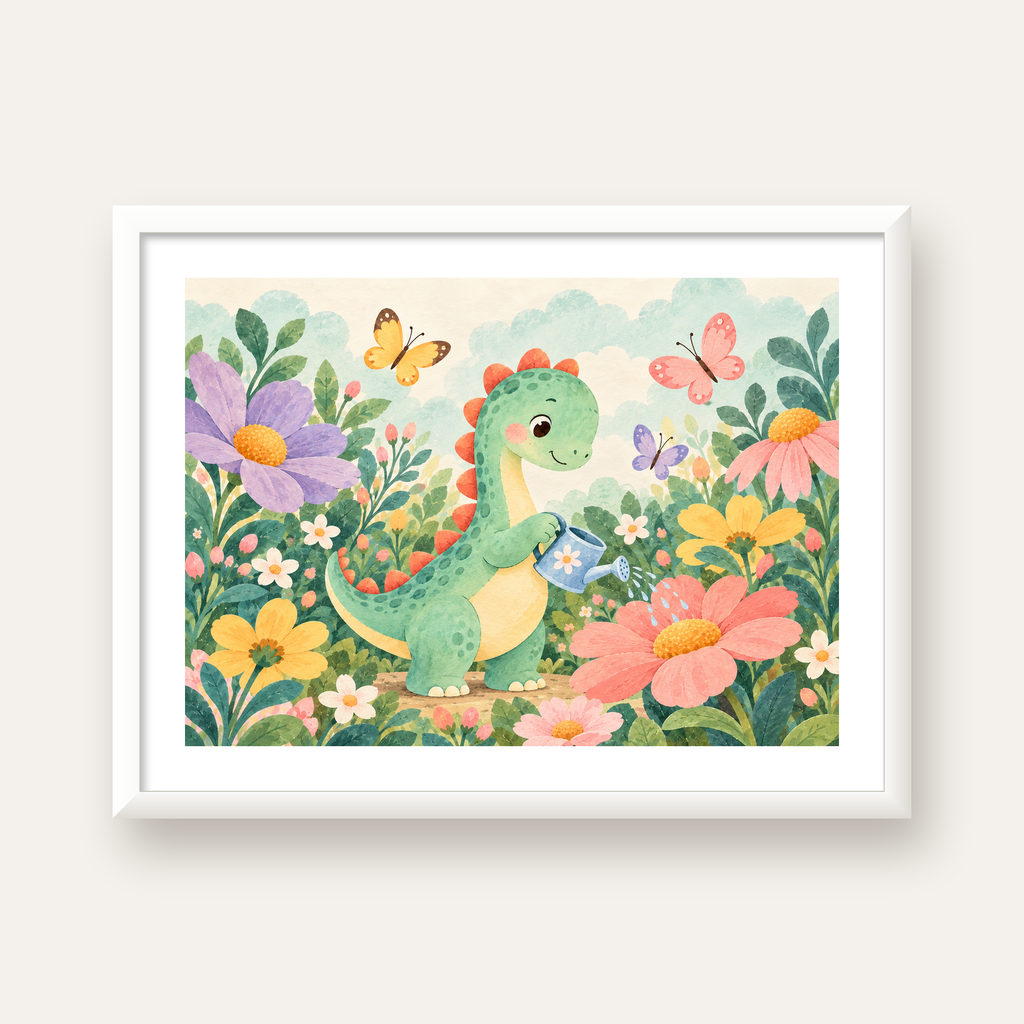 Sevimli Dinozor ve Çiçekler Pastel Poster – Çocuk Odası Dekoru — beyaz çerçeveli yatay poster