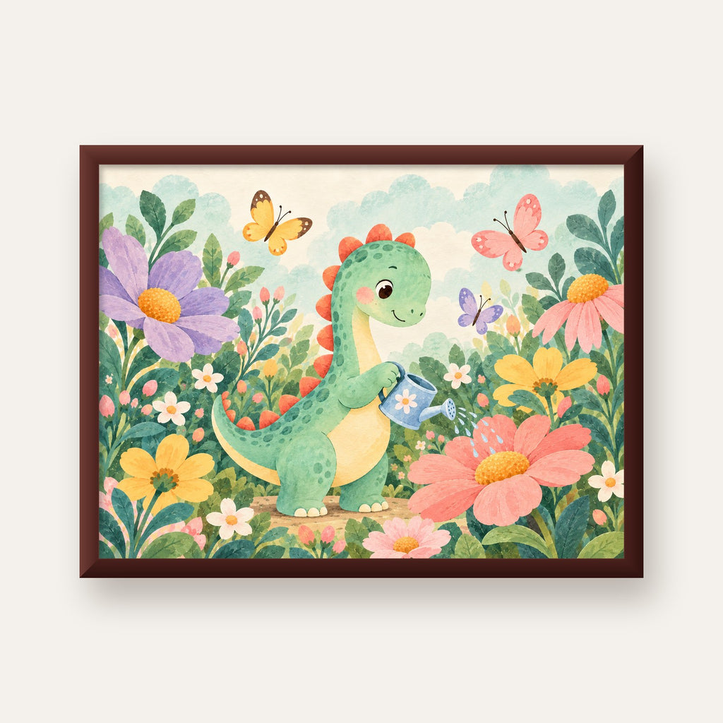 Sevimli Dinozor ve Çiçekler Pastel Poster – Çocuk Odası Dekoru — ceviz çerçeveli