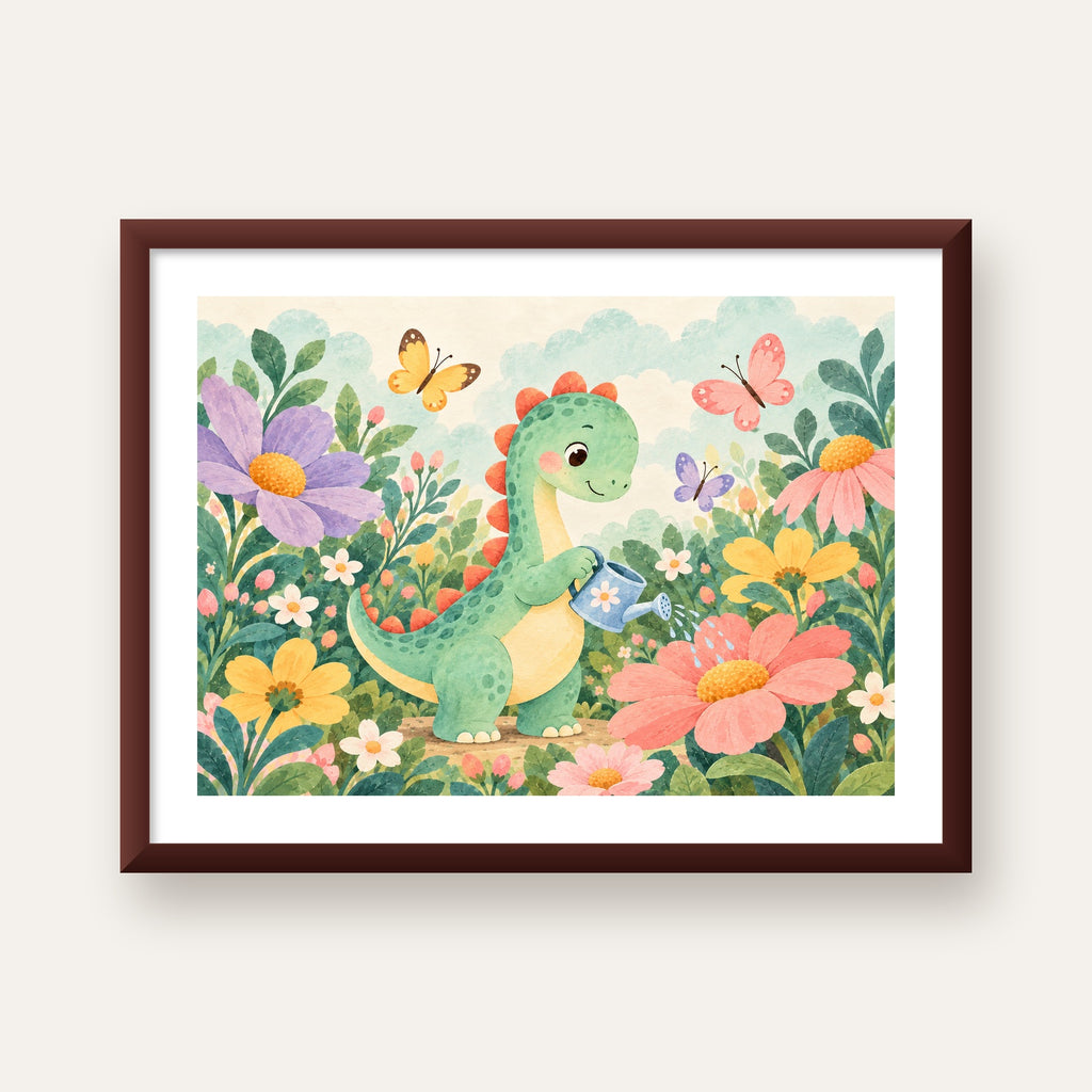 Sevimli Dinozor ve Çiçekler Pastel Poster – Çocuk Odası Dekoru — ceviz çerçeveli paspartulu