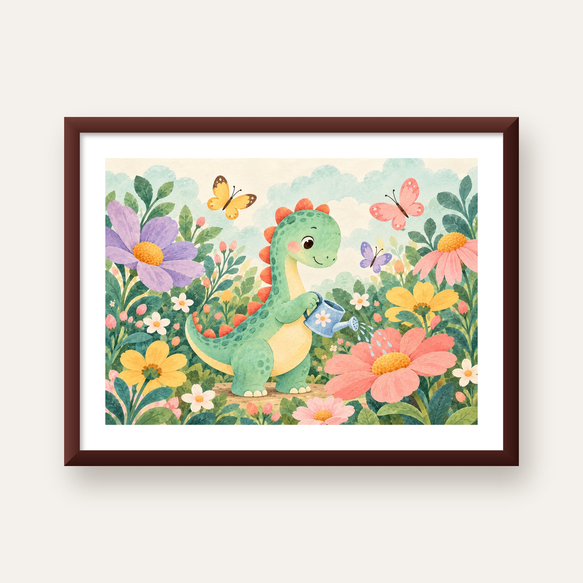 Sevimli Dinozor ve Çiçekler Pastel Poster – Çocuk Odası Dekoru — ceviz çerçeveli paspartulu