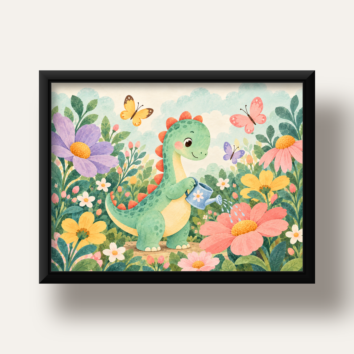 Sevimli Dinozor ve Çiçekler Pastel Poster – Çocuk Odası Dekoru — siyah derin çerçeveli