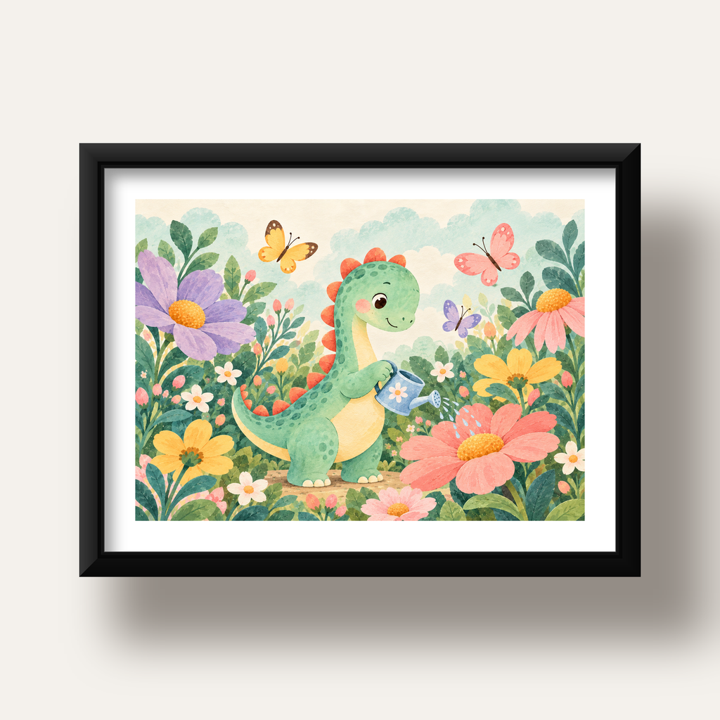 Sevimli Dinozor ve Çiçekler Pastel Poster – Çocuk Odası Dekoru — siyah derin çerçeveli paspartulu