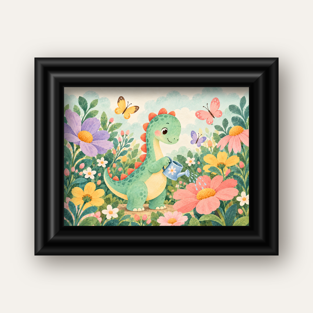 Sevimli Dinozor ve Çiçekler Pastel Poster – Çocuk Odası Dekoru — siyah galeri çerçeveli