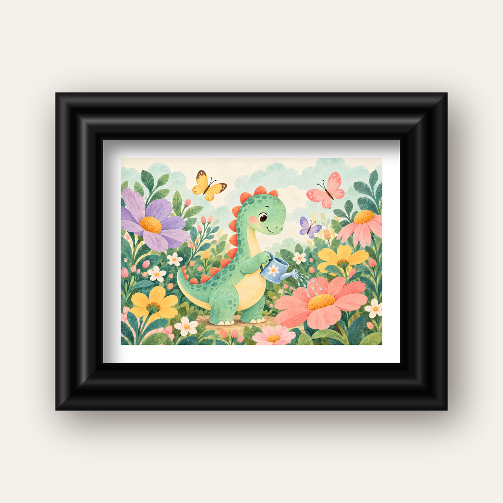 Sevimli Dinozor ve Çiçekler Pastel Poster – Çocuk Odası Dekoru — siyah galeri çerçeveli paspartulu