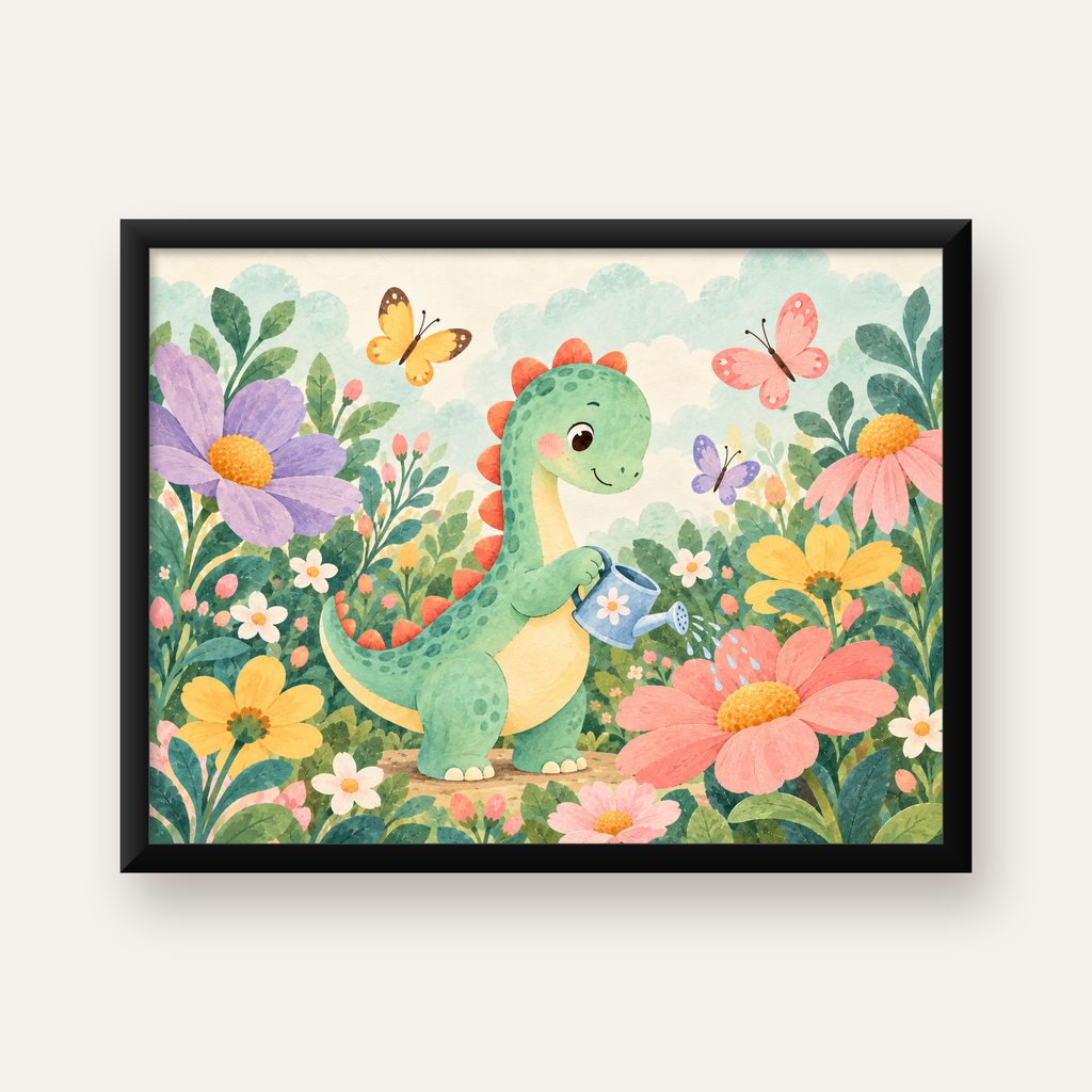 Sevimli Dinozor ve Çiçekler Pastel Poster – Çocuk Odası Dekoru — Yatay baskı, düz siyah çerçeveli duvar posteri