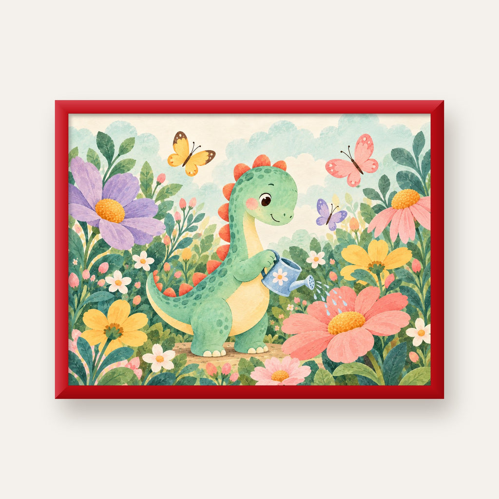 Sevimli Dinozor ve Çiçekler Pastel Poster – Çocuk Odası Dekoru — kırmızı çerçeveli