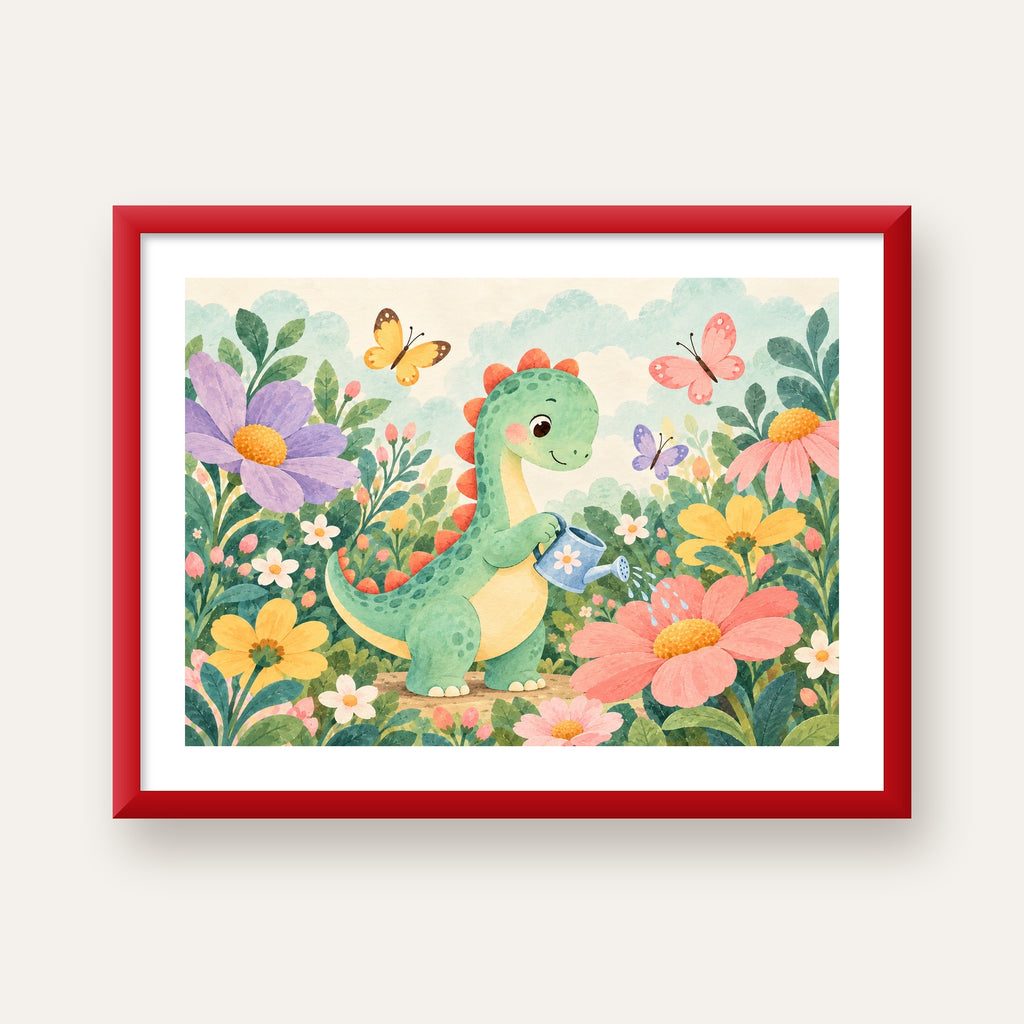 Sevimli Dinozor ve Çiçekler Pastel Poster – Çocuk Odası Dekoru — kırmızı çerçeveli paspartulu