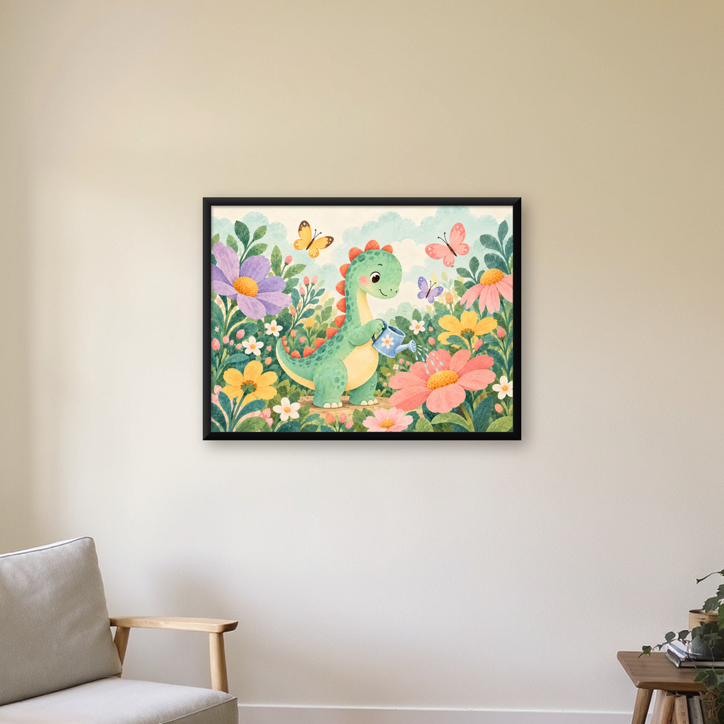 Sevimli Dinozor ve Çiçekler Pastel Poster – Çocuk Odası Dekoru — Yatay baskı, çerçeveli hâliyle bir ev duvarında