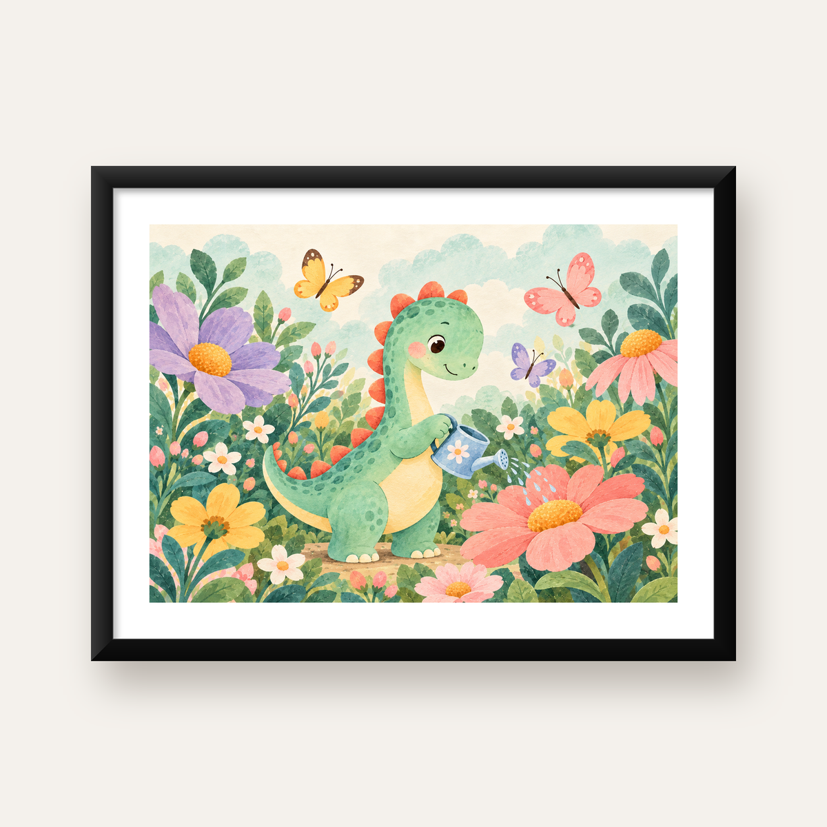 Sevimli Dinozor ve Çiçekler Pastel Poster – Çocuk Odası Dekoru — Yatay baskı, beyaz paspartulu