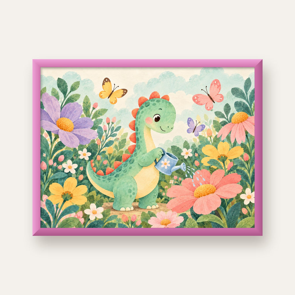 Sevimli Dinozor ve Çiçekler Pastel Poster – Çocuk Odası Dekoru — pembe çerçeveli