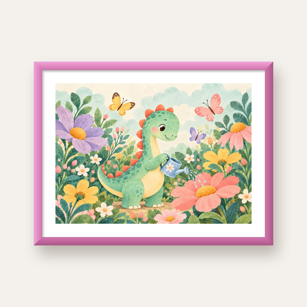 Sevimli Dinozor ve Çiçekler Pastel Poster – Çocuk Odası Dekoru — pembe çerçeveli paspartulu