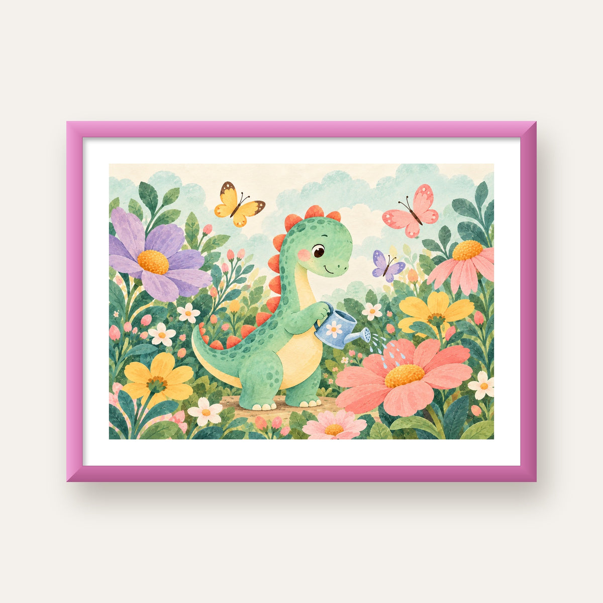 Sevimli Dinozor ve Çiçekler Pastel Poster – Çocuk Odası Dekoru — pembe çerçeveli paspartulu