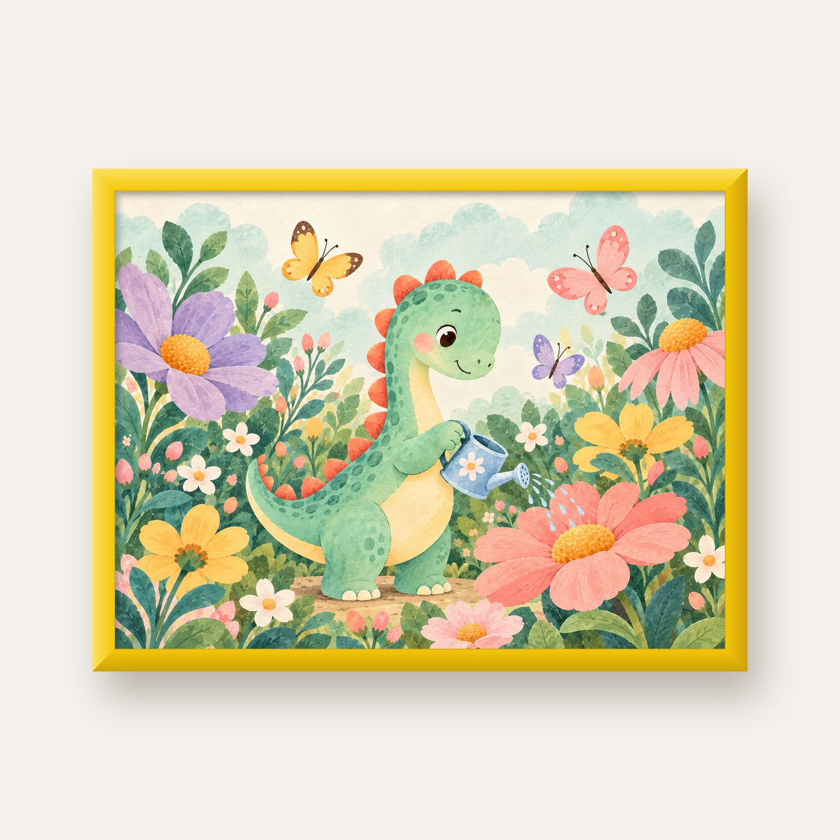 Sevimli Dinozor ve Çiçekler Pastel Poster – Çocuk Odası Dekoru — sarı çerçeveli