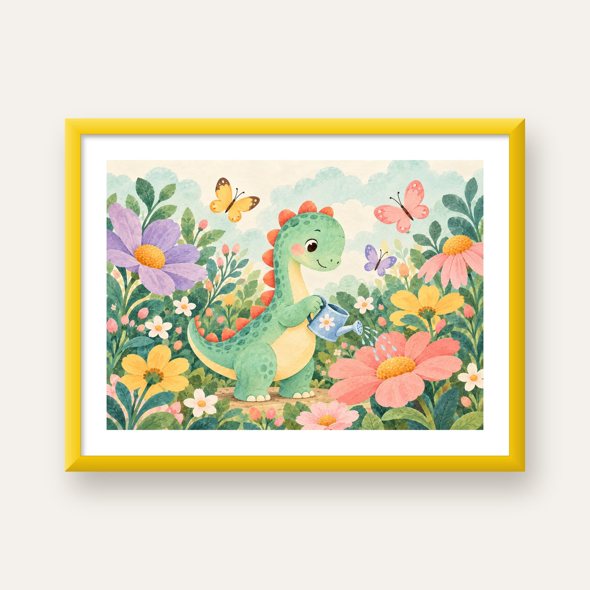Sevimli Dinozor ve Çiçekler Pastel Poster – Çocuk Odası Dekoru — sarı çerçeveli paspartulu
