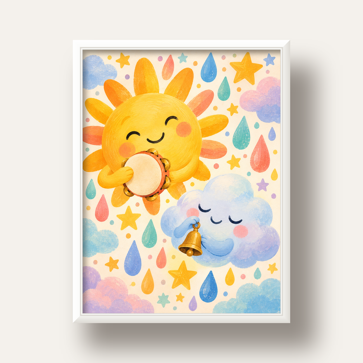 Sevimli Güneş ve Bulut Çocuk Odası Pastel Poster — beyaz derin çerçeveli