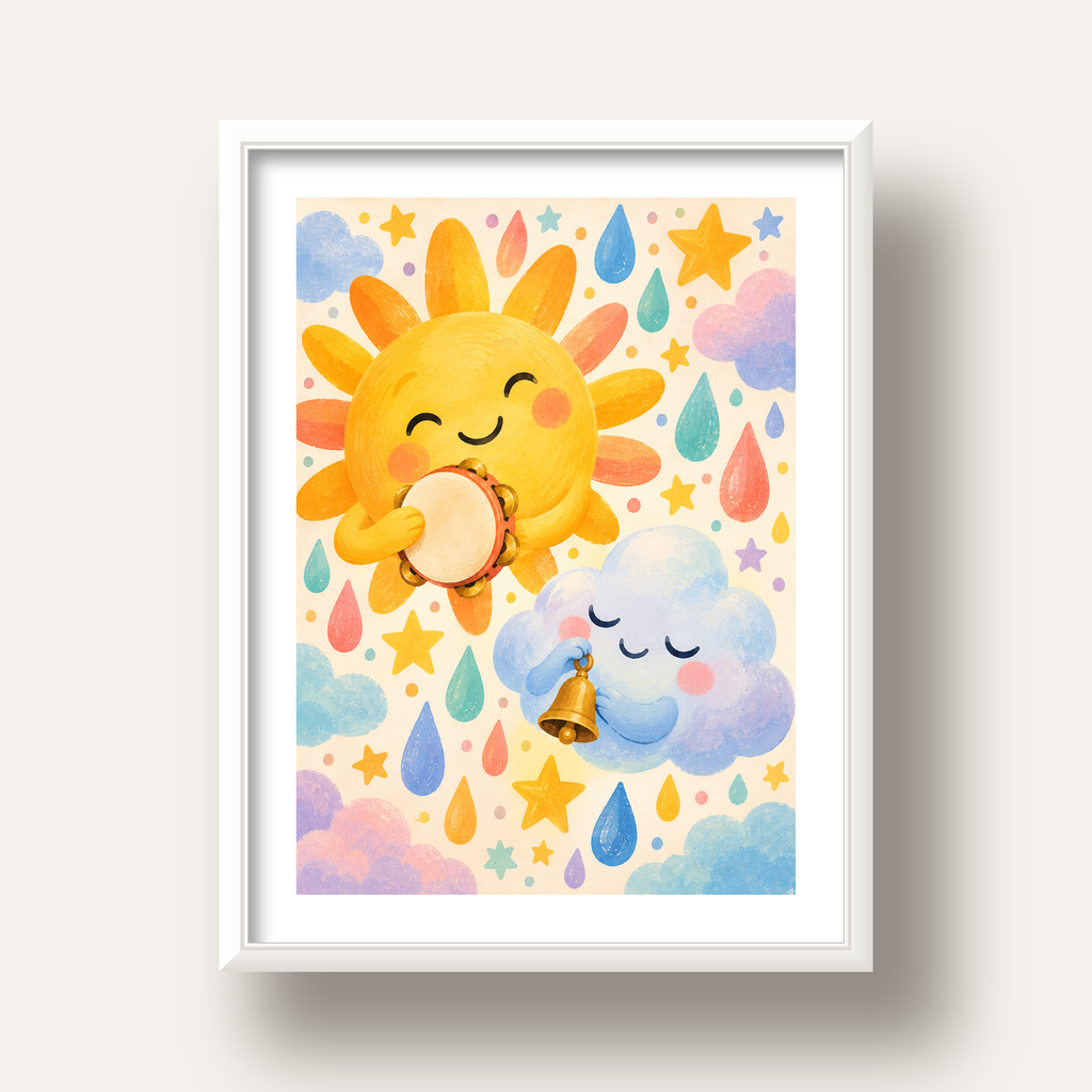 Sevimli Güneş ve Bulut Çocuk Odası Pastel Poster — beyaz derin çerçeveli paspartulu