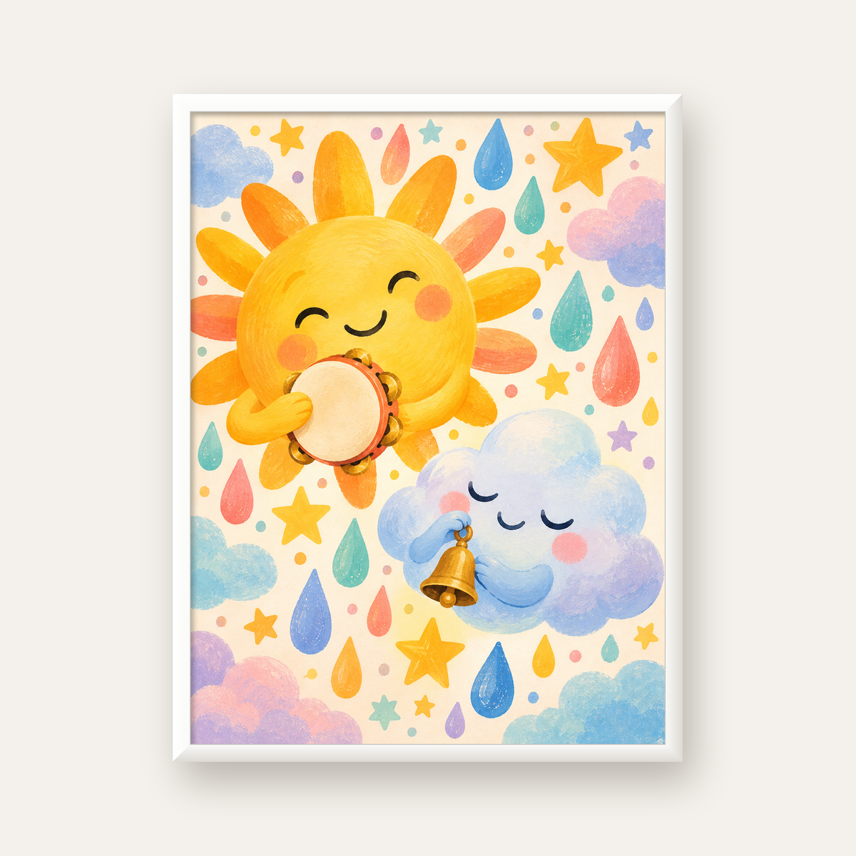 Sevimli Güneş ve Bulut Çocuk Odası Pastel Poster — beyaz çerçeveli dikey poster