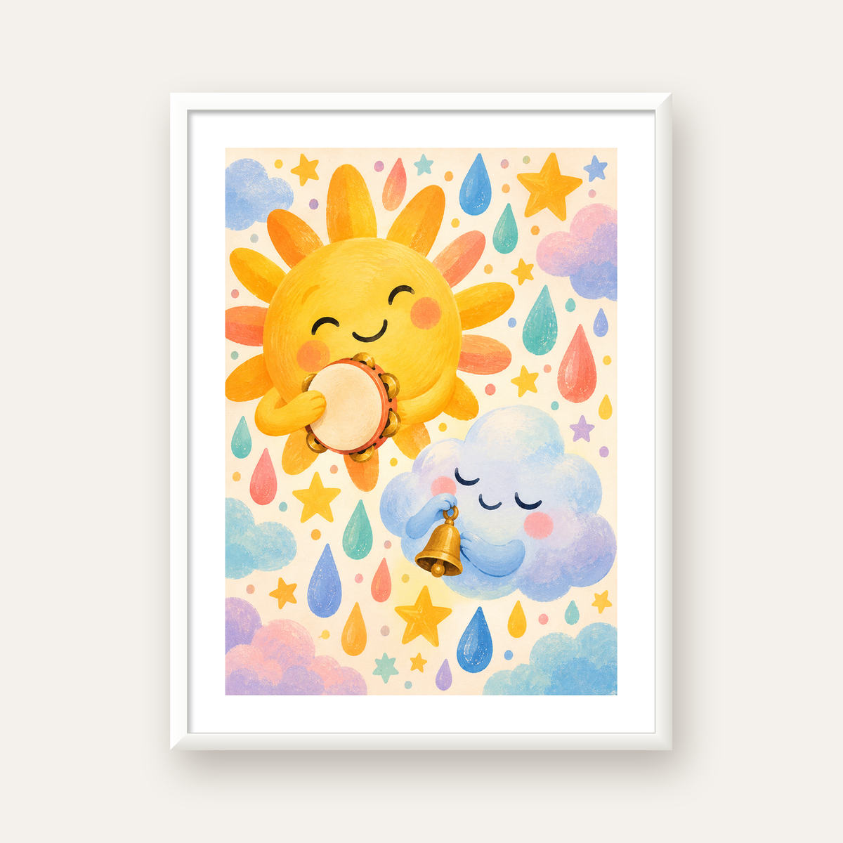 Sevimli Güneş ve Bulut Çocuk Odası Pastel Poster — beyaz çerçeveli dikey poster