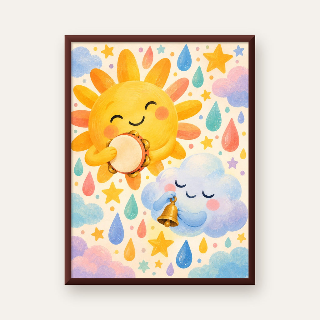 Sevimli Güneş ve Bulut Çocuk Odası Pastel Poster — ceviz çerçeveli