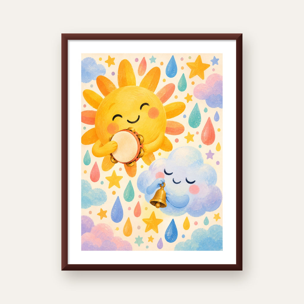 Sevimli Güneş ve Bulut Çocuk Odası Pastel Poster — ceviz çerçeveli paspartulu