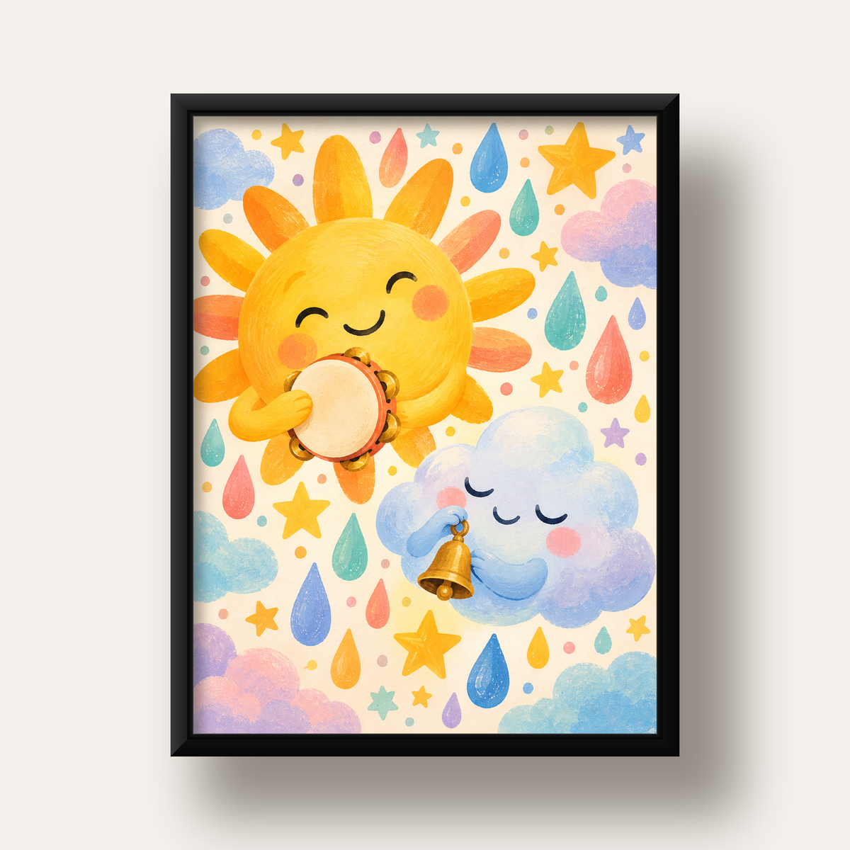 Sevimli Güneş ve Bulut Çocuk Odası Pastel Poster — siyah derin çerçeveli