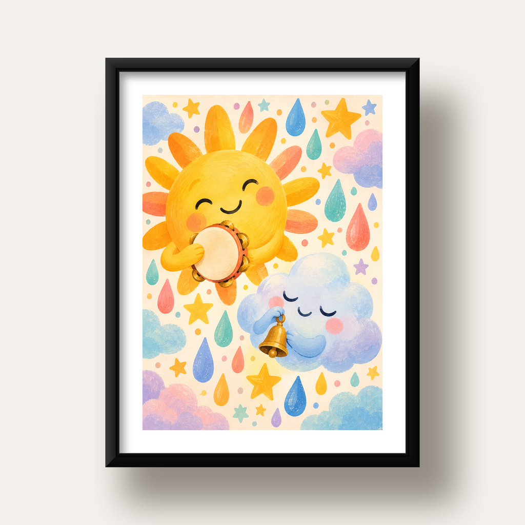 Sevimli Güneş ve Bulut Çocuk Odası Pastel Poster — siyah derin çerçeveli paspartulu