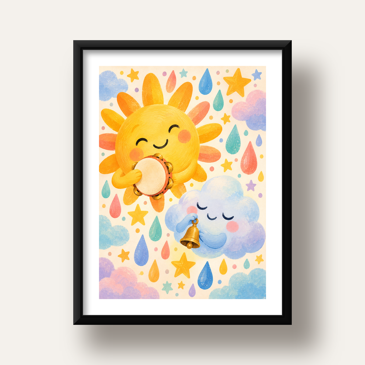 Sevimli Güneş ve Bulut Çocuk Odası Pastel Poster — siyah derin çerçeveli paspartulu