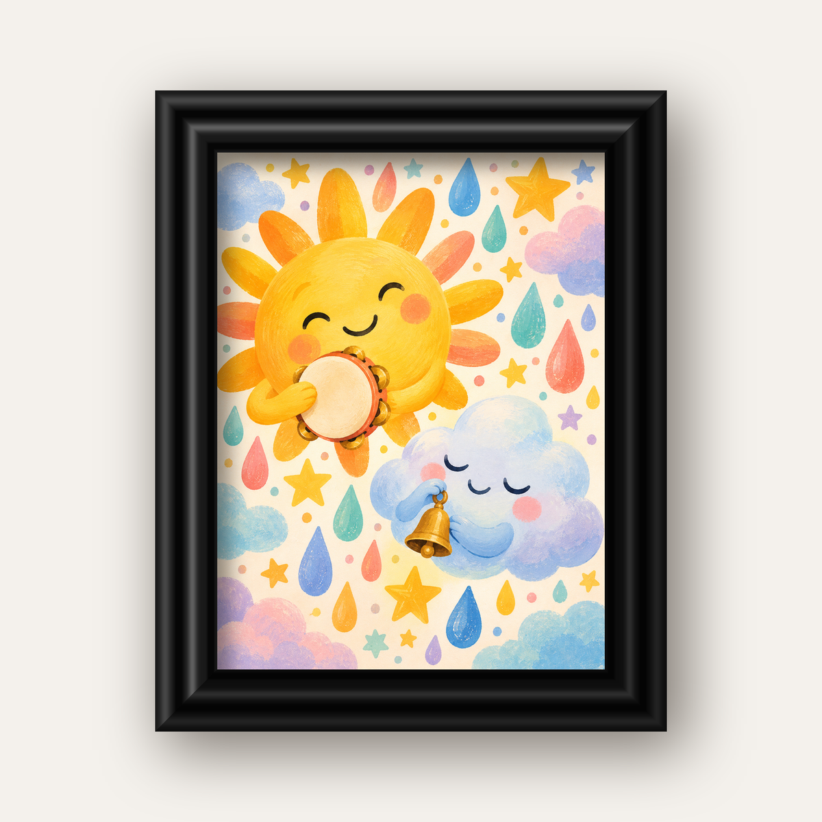 Sevimli Güneş ve Bulut Çocuk Odası Pastel Poster — siyah galeri çerçeveli