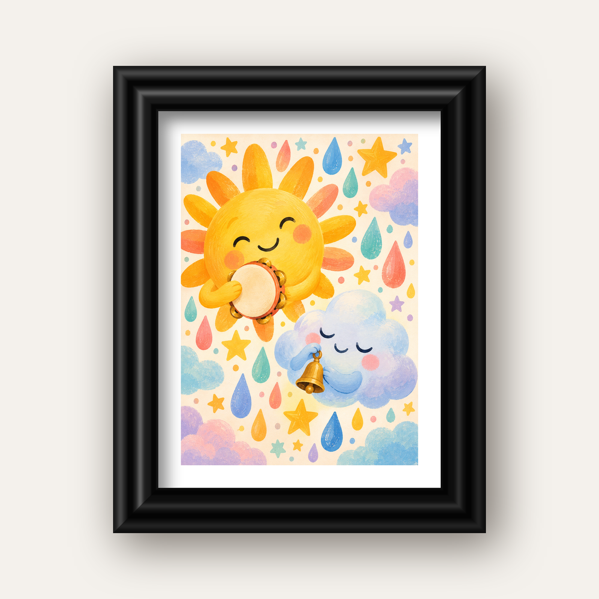 Sevimli Güneş ve Bulut Çocuk Odası Pastel Poster — siyah galeri çerçeveli paspartulu