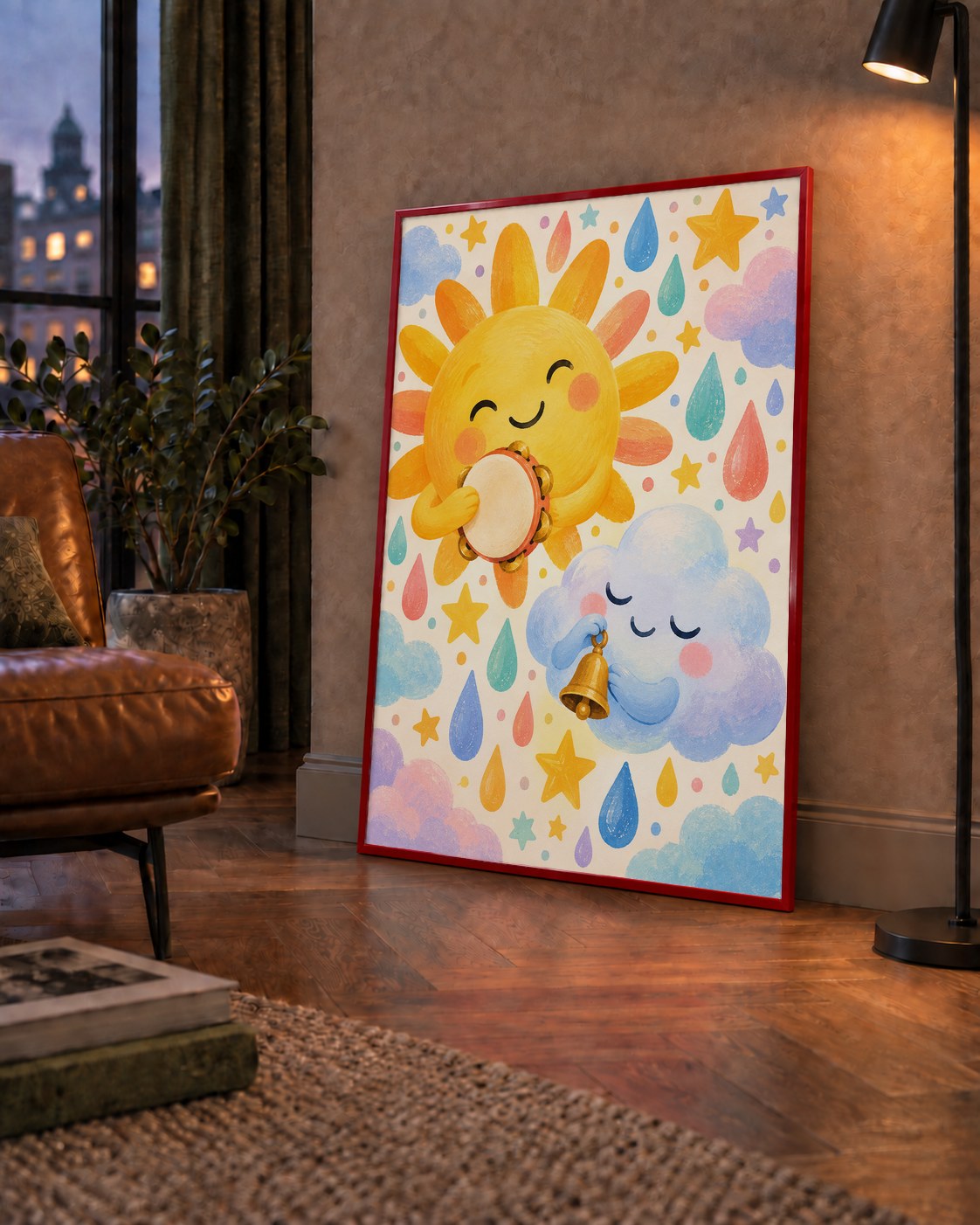 Sevimli Güneş ve Bulut Çocuk Odası Pastel Poster