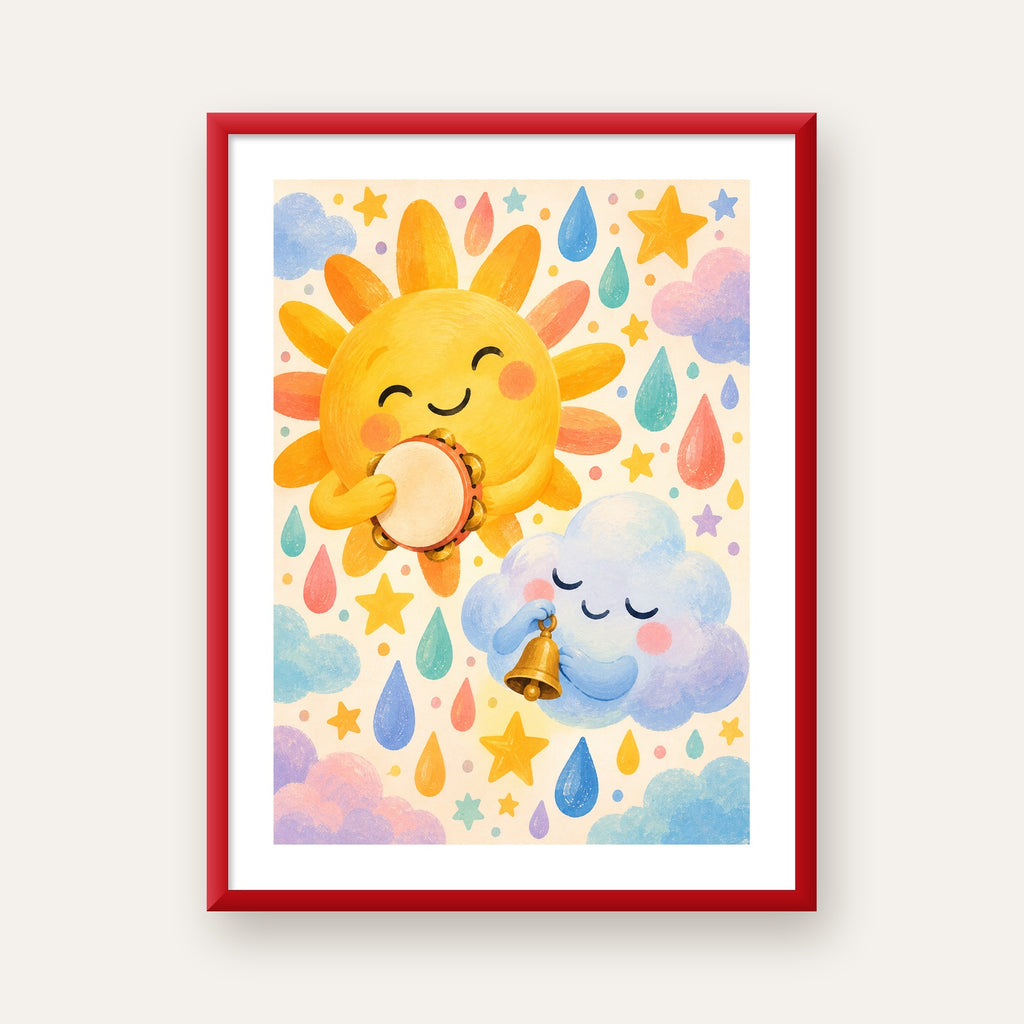 Sevimli Güneş ve Bulut Çocuk Odası Pastel Poster — kırmızı çerçeveli paspartulu