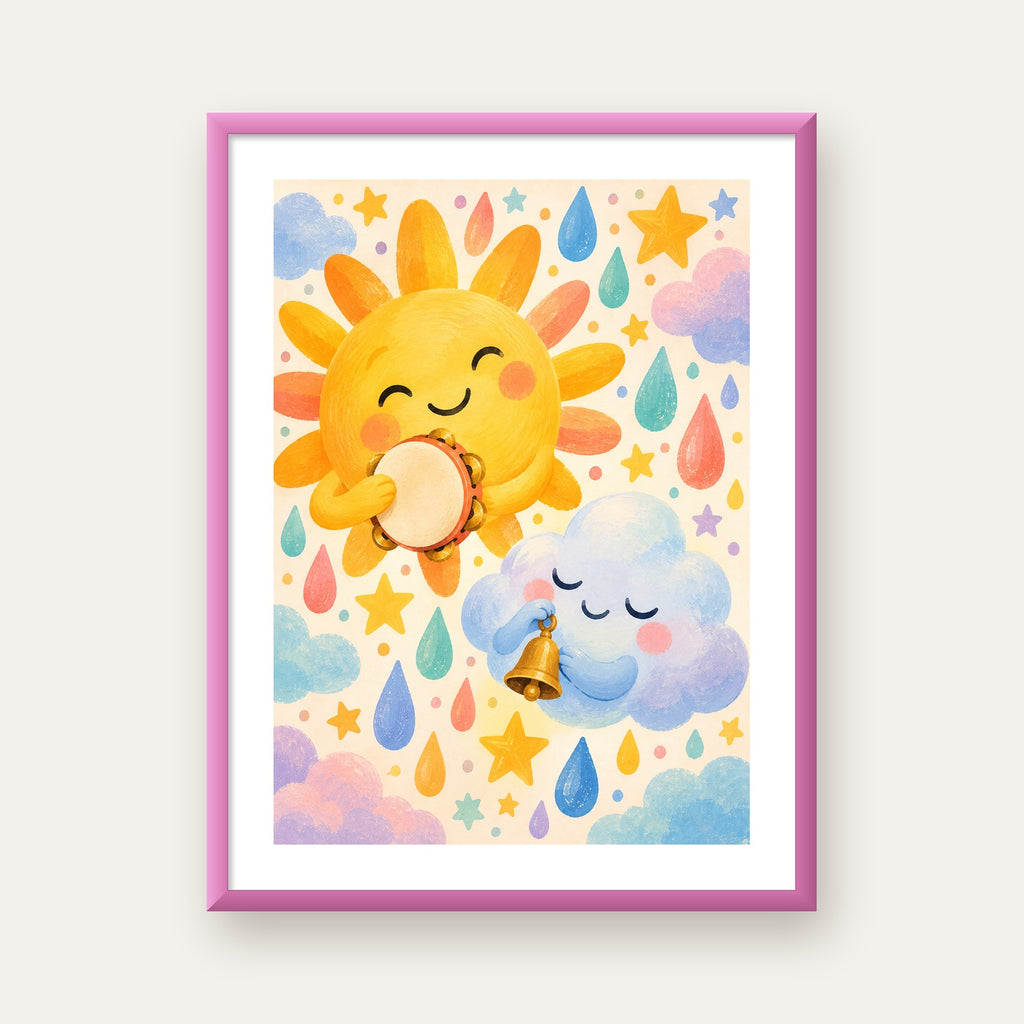 Sevimli Güneş ve Bulut Çocuk Odası Pastel Poster — pembe çerçeveli paspartulu