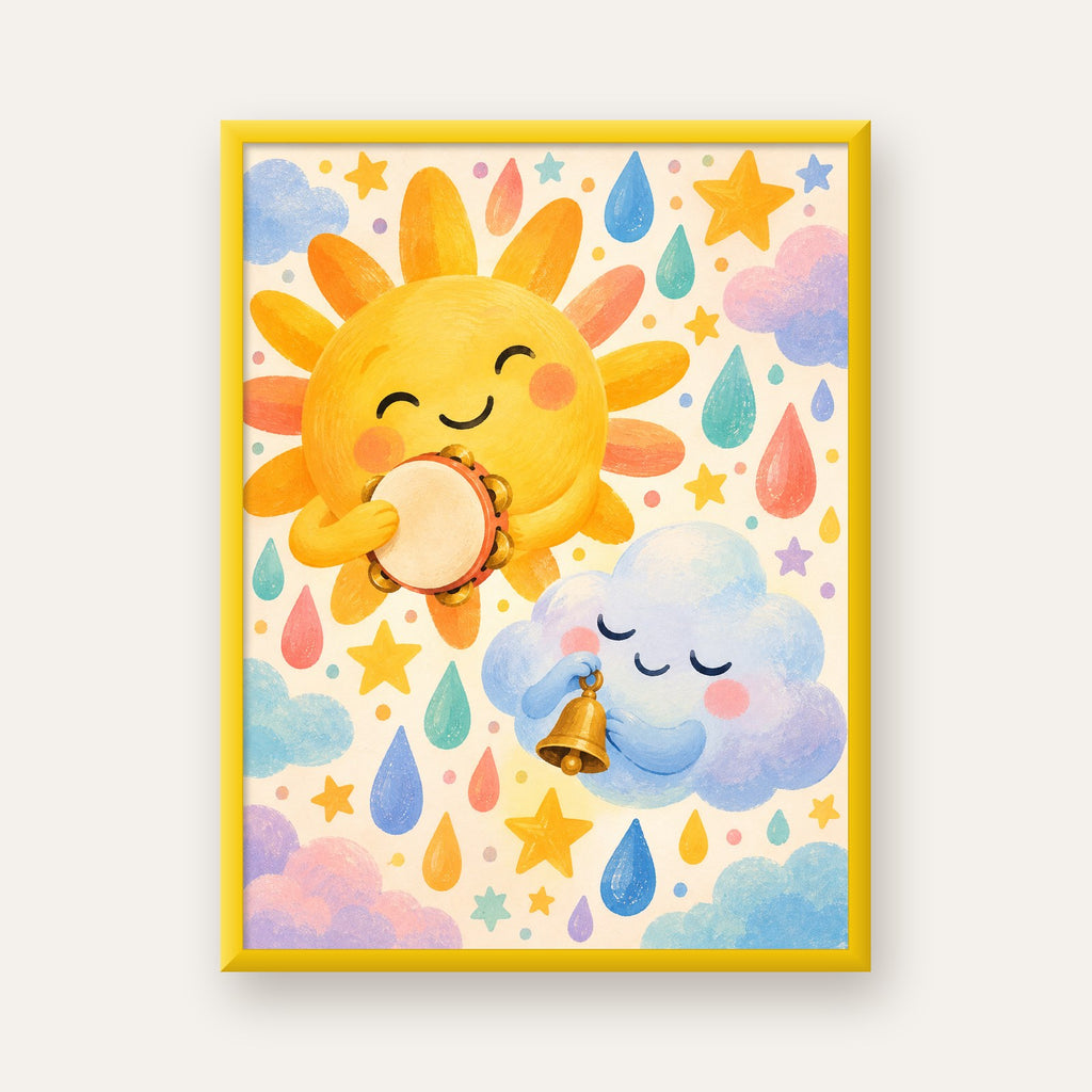 Sevimli Güneş ve Bulut Çocuk Odası Pastel Poster — sarı çerçeveli