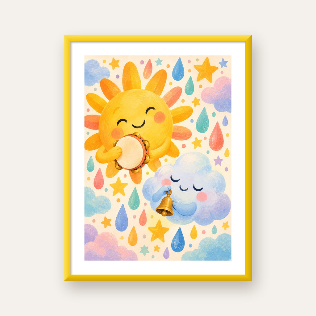 Sevimli Güneş ve Bulut Çocuk Odası Pastel Poster — sarı çerçeveli paspartulu