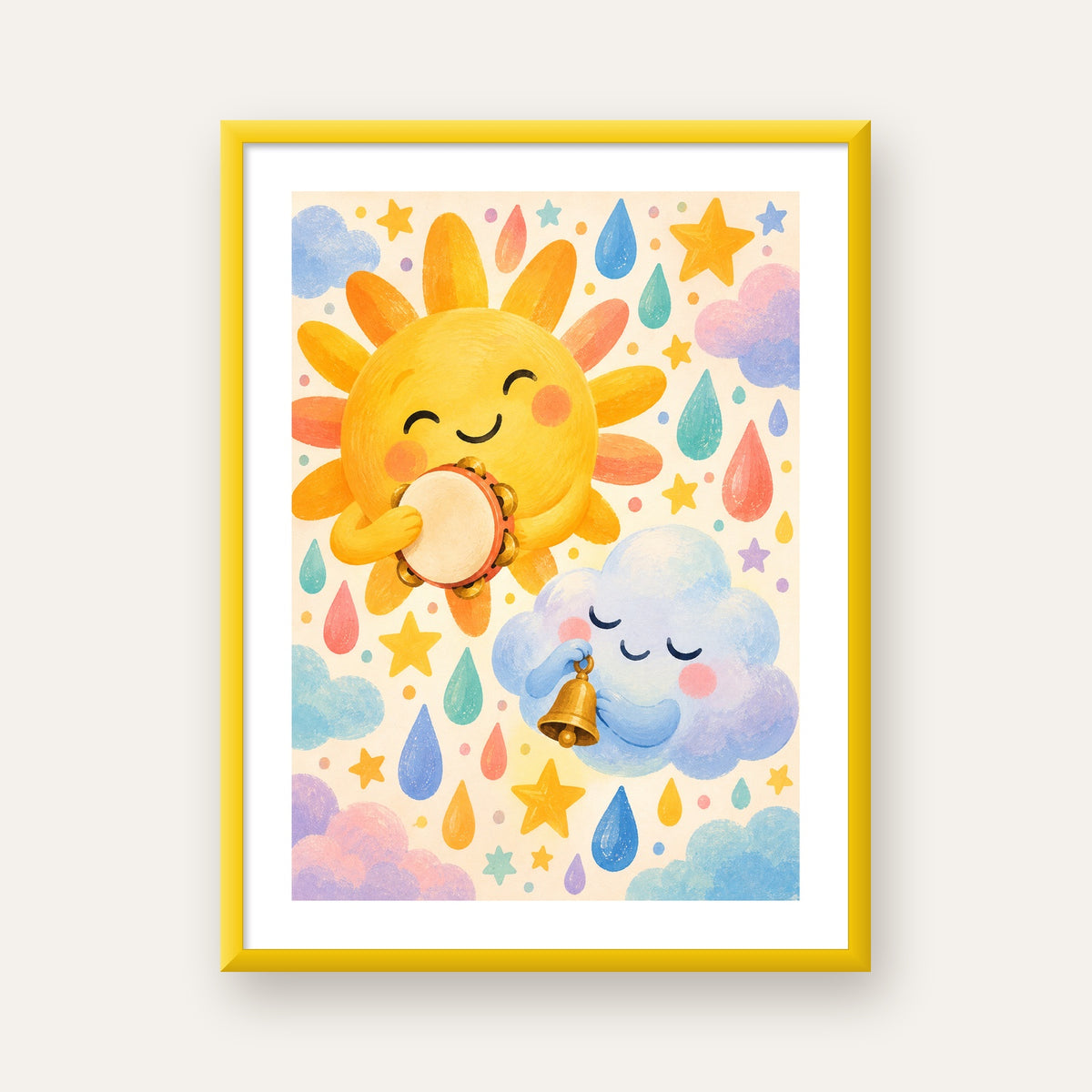 Sevimli Güneş ve Bulut Çocuk Odası Pastel Poster — sarı çerçeveli paspartulu