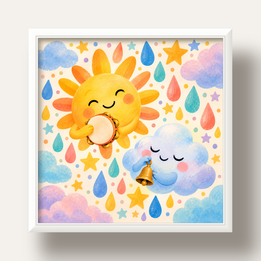 Sevimli Güneş ve Bulut Çocuk Odası Pastel Poster — beyaz derin çerçeveli