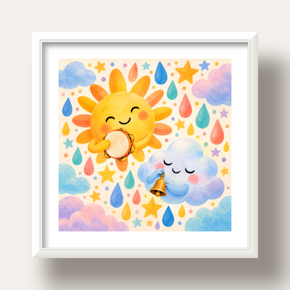 Sevimli Güneş ve Bulut Çocuk Odası Pastel Poster — beyaz derin çerçeveli paspartulu