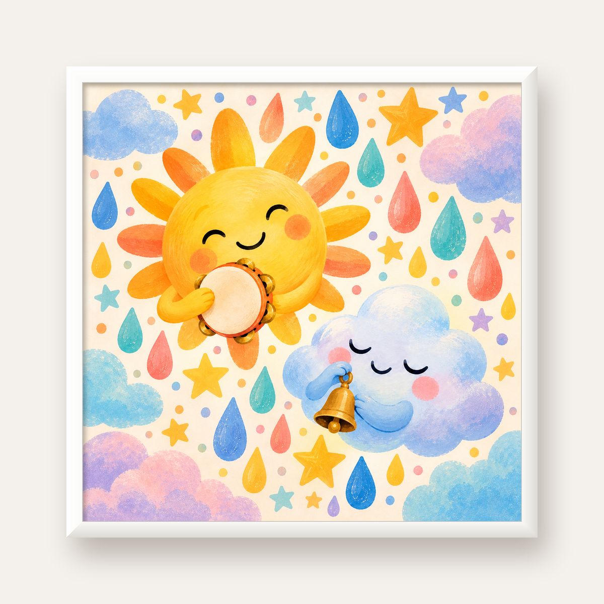 Sevimli Güneş ve Bulut Çocuk Odası Pastel Poster — beyaz çerçeveli kare poster