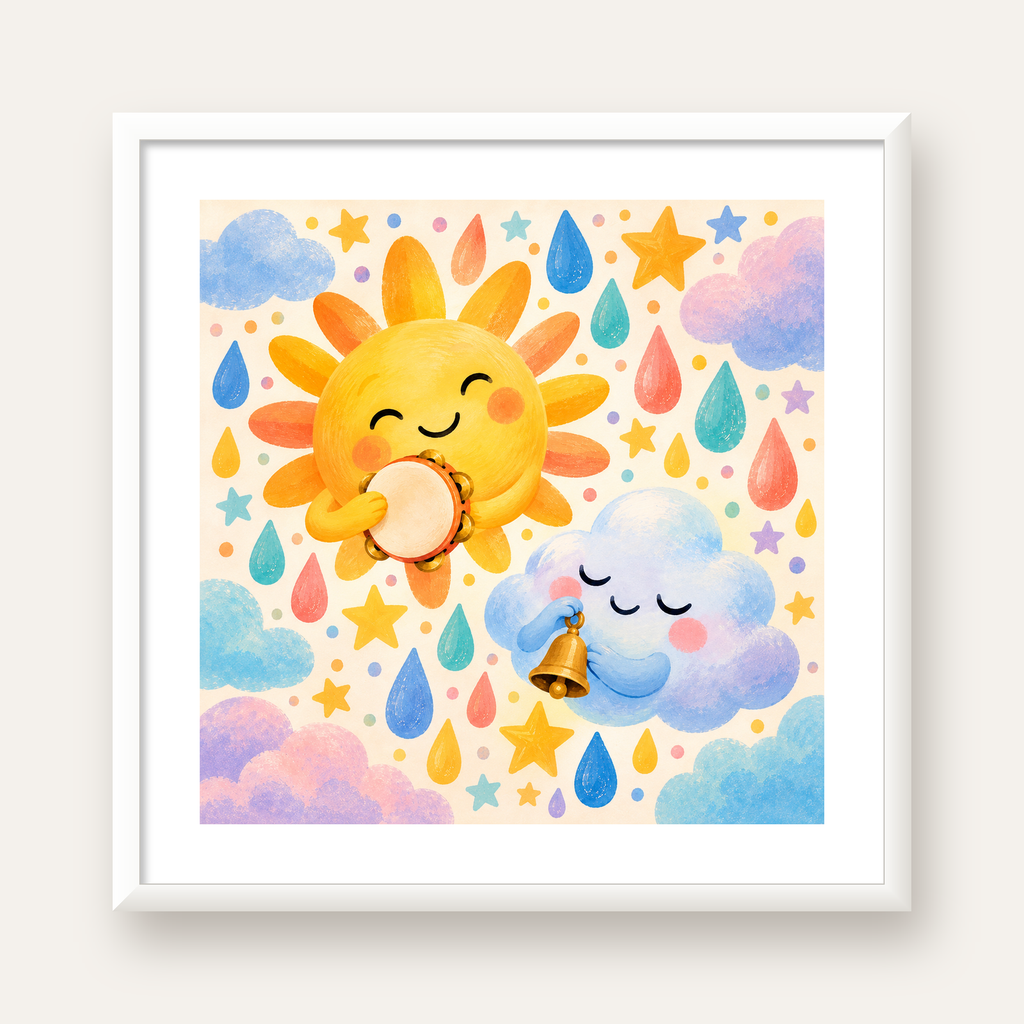 Sevimli Güneş ve Bulut Çocuk Odası Pastel Poster — beyaz çerçeveli kare poster