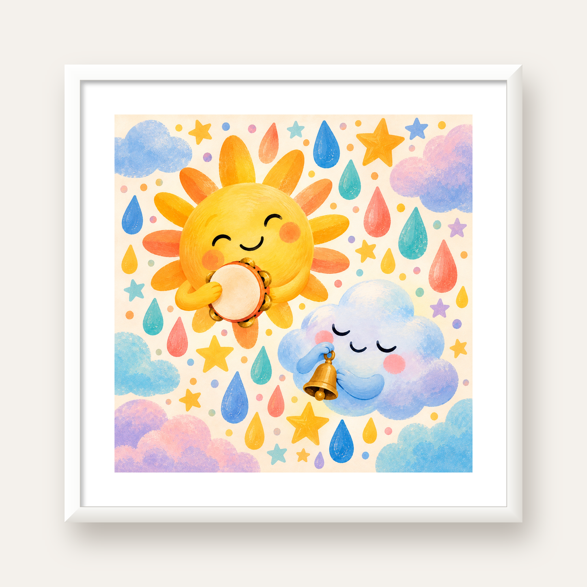 Sevimli Güneş ve Bulut Çocuk Odası Pastel Poster — beyaz çerçeveli kare poster