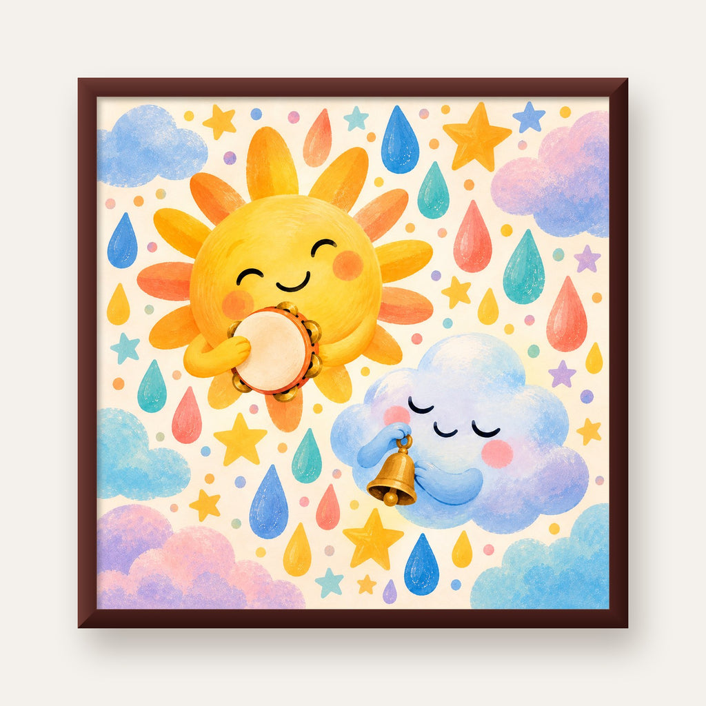 Sevimli Güneş ve Bulut Çocuk Odası Pastel Poster — ceviz çerçeveli