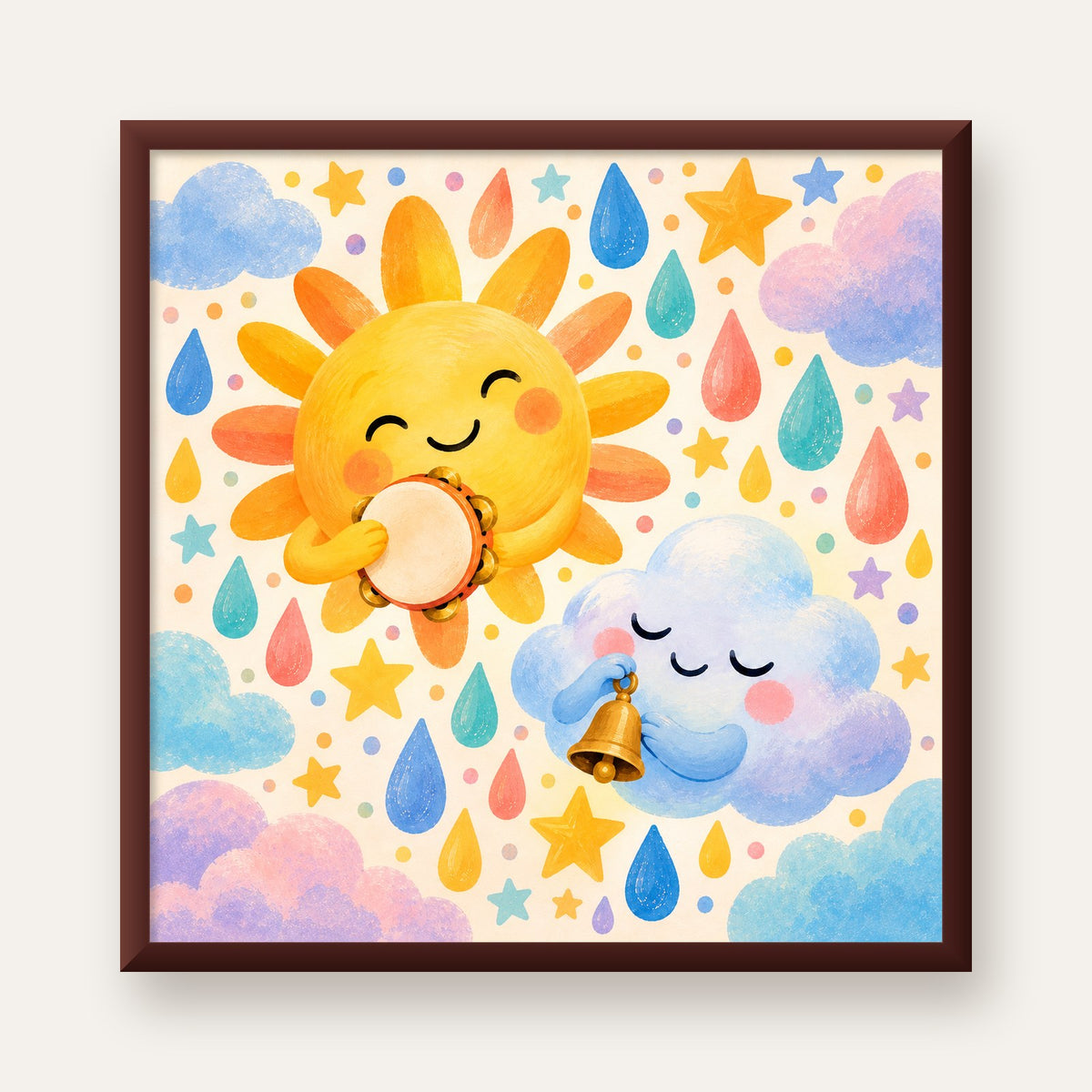 Sevimli Güneş ve Bulut Çocuk Odası Pastel Poster — ceviz çerçeveli