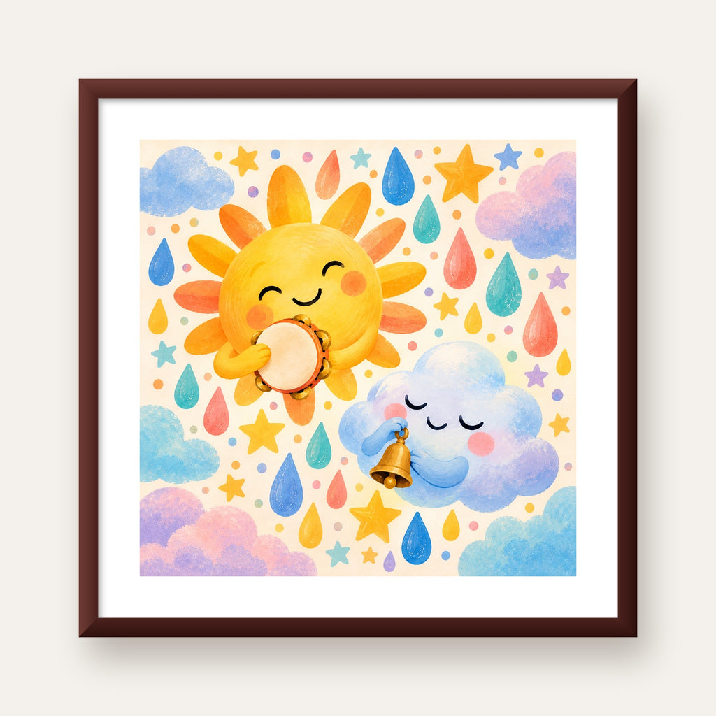Sevimli Güneş ve Bulut Çocuk Odası Pastel Poster — ceviz çerçeveli paspartulu