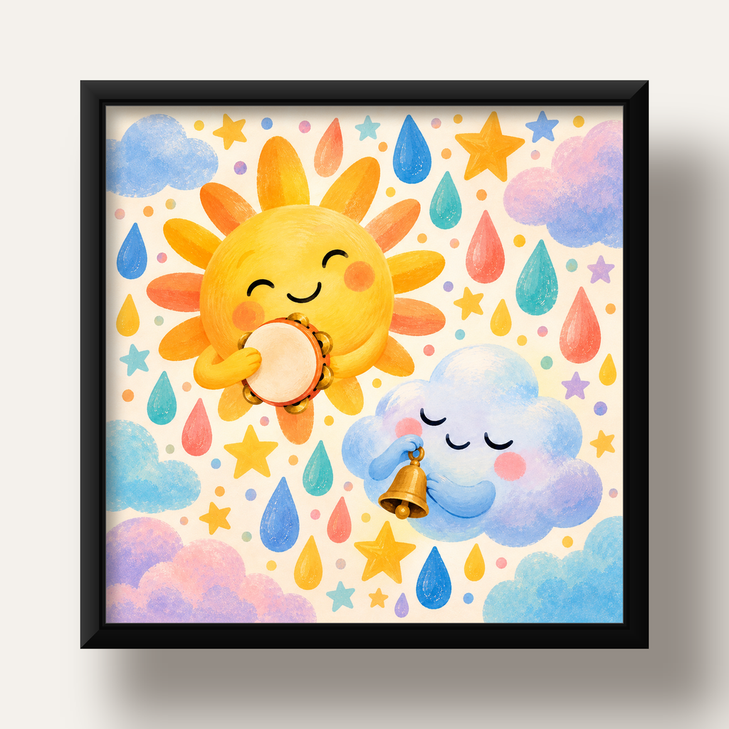 Sevimli Güneş ve Bulut Çocuk Odası Pastel Poster — siyah derin çerçeveli