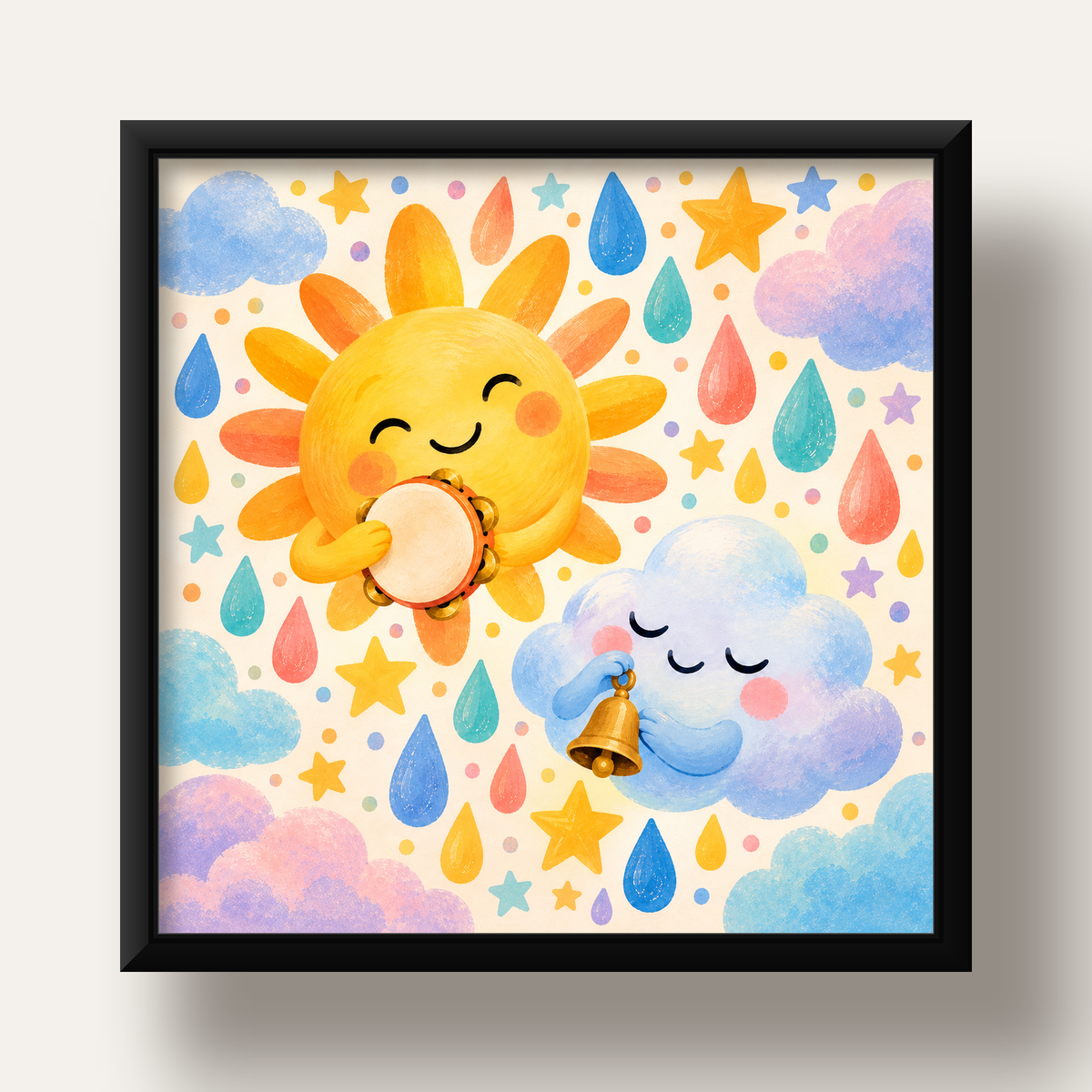 Sevimli Güneş ve Bulut Çocuk Odası Pastel Poster — siyah derin çerçeveli