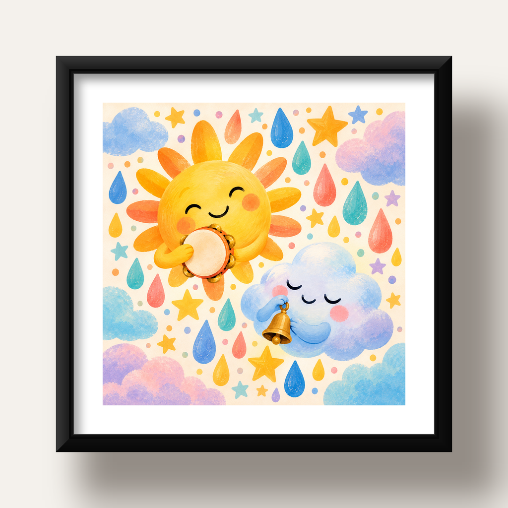 Sevimli Güneş ve Bulut Çocuk Odası Pastel Poster — siyah derin çerçeveli paspartulu