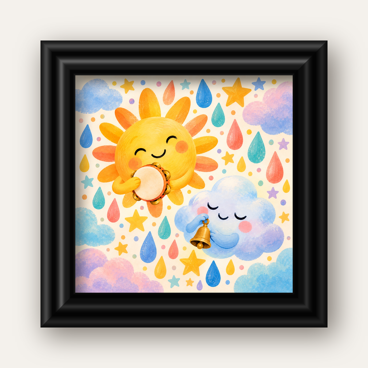 Sevimli Güneş ve Bulut Çocuk Odası Pastel Poster — siyah galeri çerçeveli