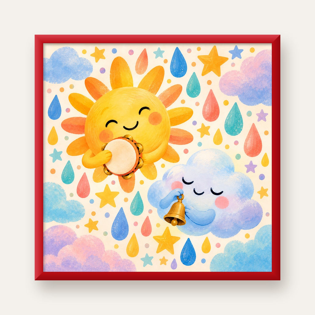Sevimli Güneş ve Bulut Çocuk Odası Pastel Poster — kırmızı çerçeveli