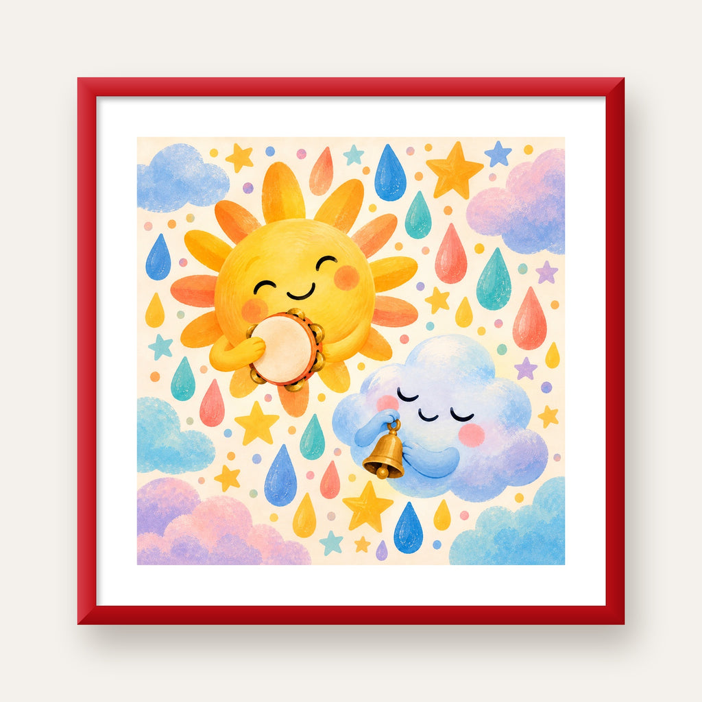 Sevimli Güneş ve Bulut Çocuk Odası Pastel Poster — kırmızı çerçeveli paspartulu